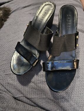 Lauren Ralph Lauren Riana Black Patent Elastic Strap Wedge Sandals